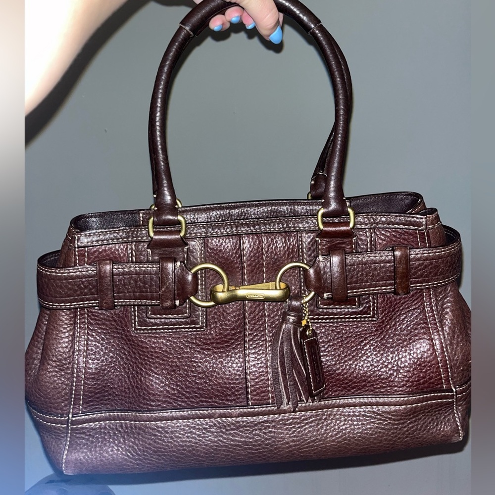 COACH Classic Hampton Satchel Bag - Brown Pebbled Leather
